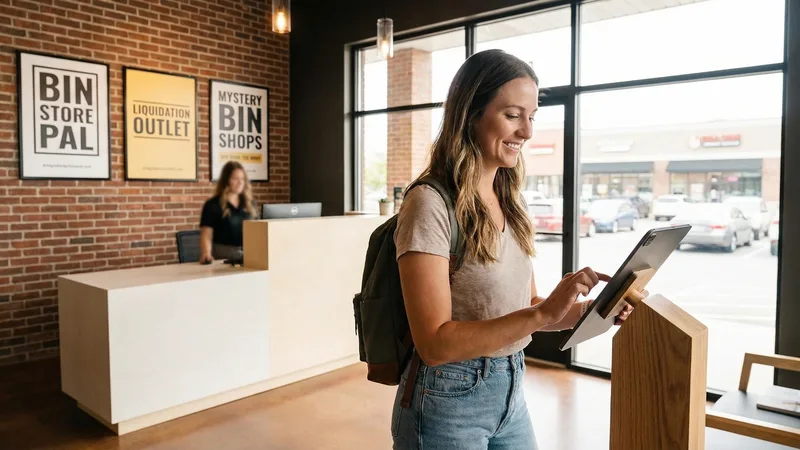 Large open bins filled with mixed merchandise at a bin store warehouse