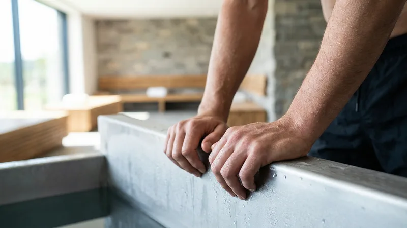 Stainless steel cold plunge tanks with entry steps in a contrast therapy studio