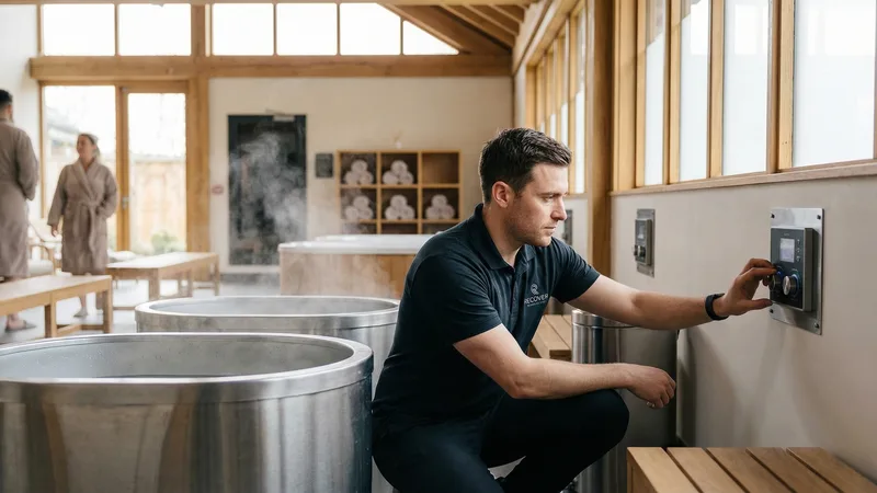 Interior of a modern cold plunge facility showing temperature-controlled plunge pools and recovery lounge