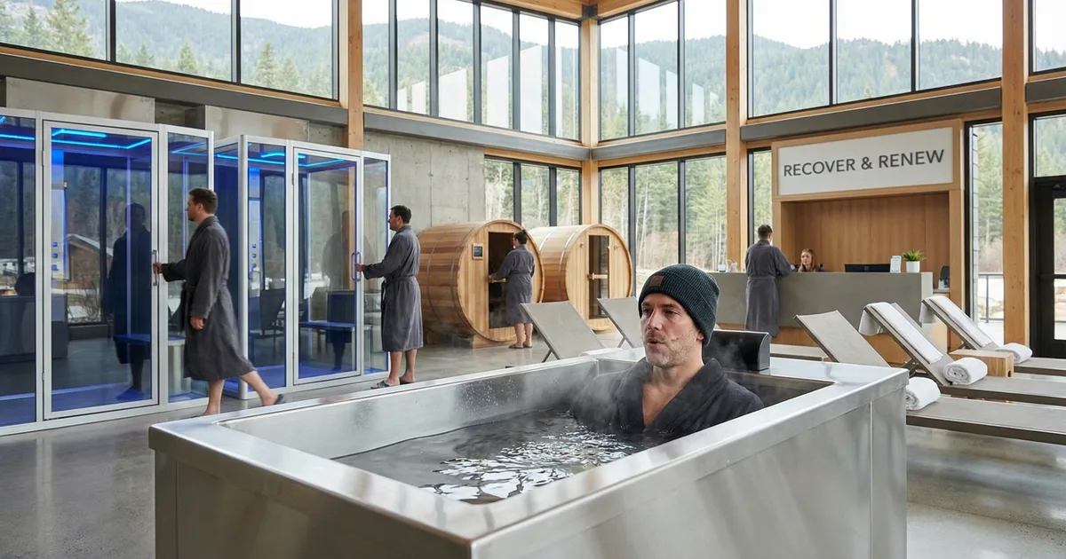 Person stepping into a cold plunge pool at a modern cryotherapy studio