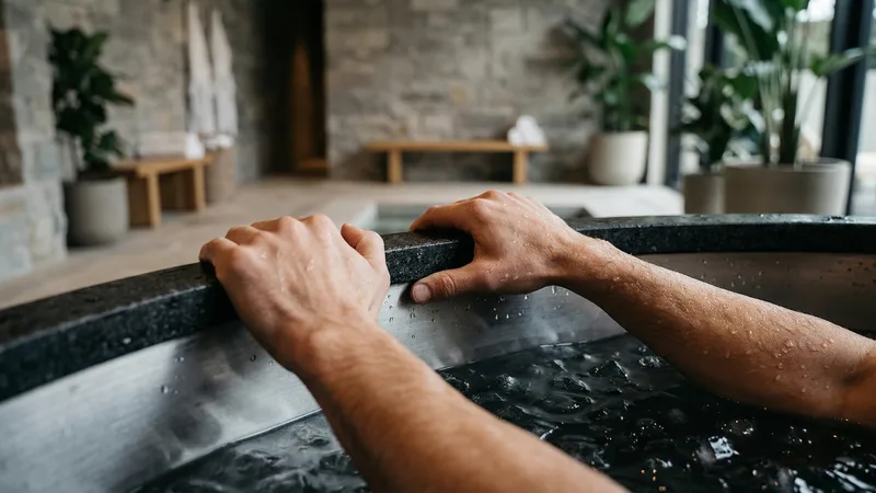 Cold plunge pool interior at a modern contrast therapy studio with temperature gauge visible