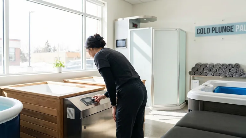 Side-by-side comparison of a local cold immersion center versus an at-home cold plunge tub setup