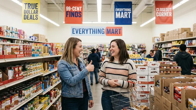 Interior of a discount variety store showing organized shelves with cleaning supplies, seasonal items, and household goods