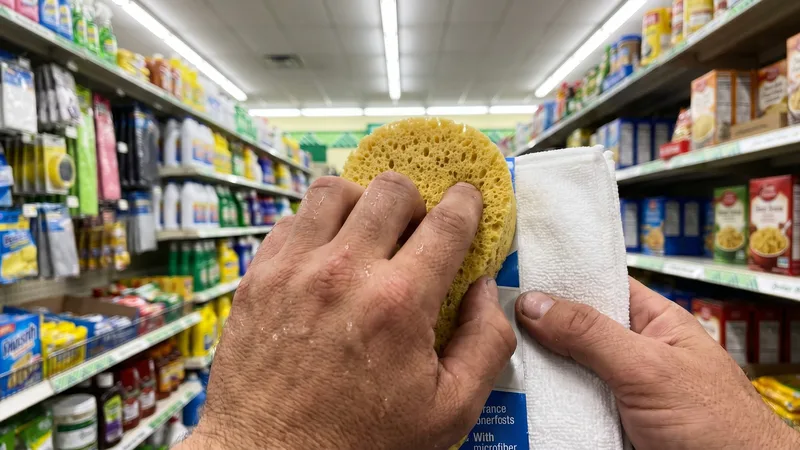 Cleaning supplies and paper products on dollar store shelves including sponges, dish soap, and paper towels
