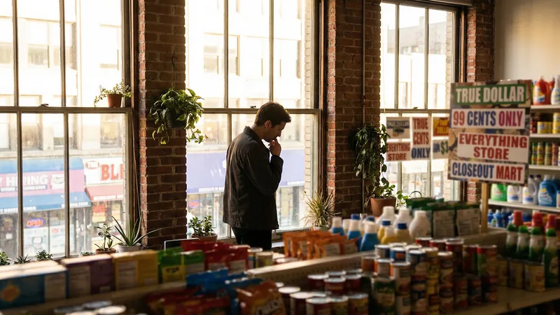 Inside a dollar store showing pantry staples and discount grocery items