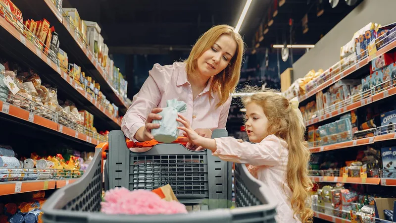 Person examining product label on a cleaning supply bottle in a dollar store aisle