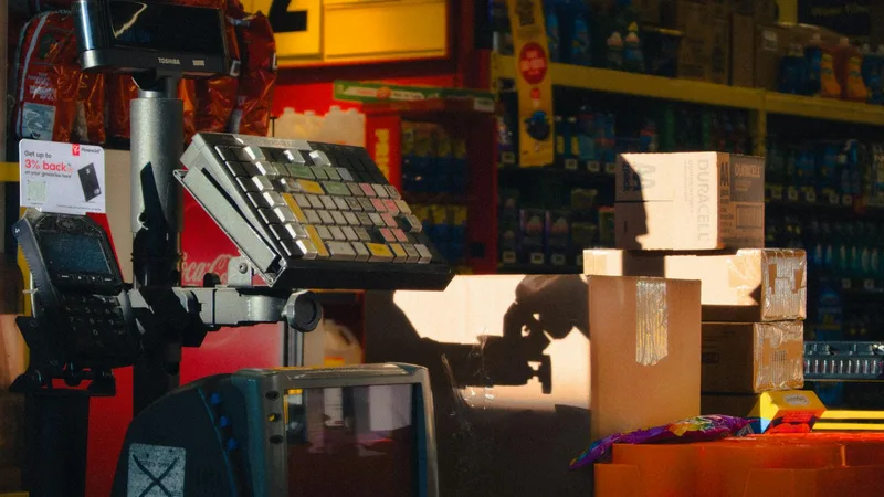 Shelves inside a liquidation store showing organized overstock merchandise and brand-name products