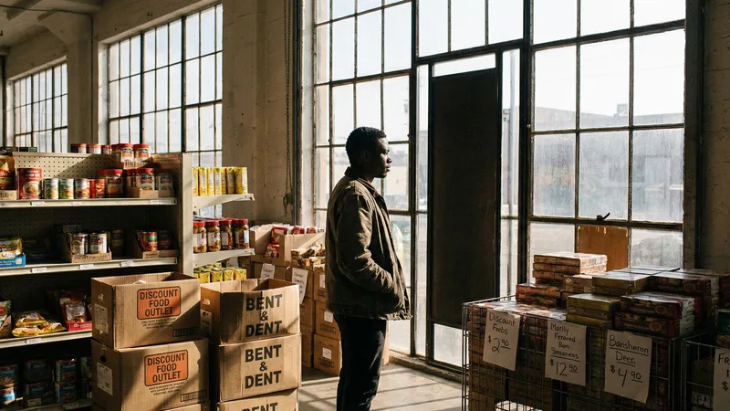 Budget shopper reviewing grocery list at a discount food store