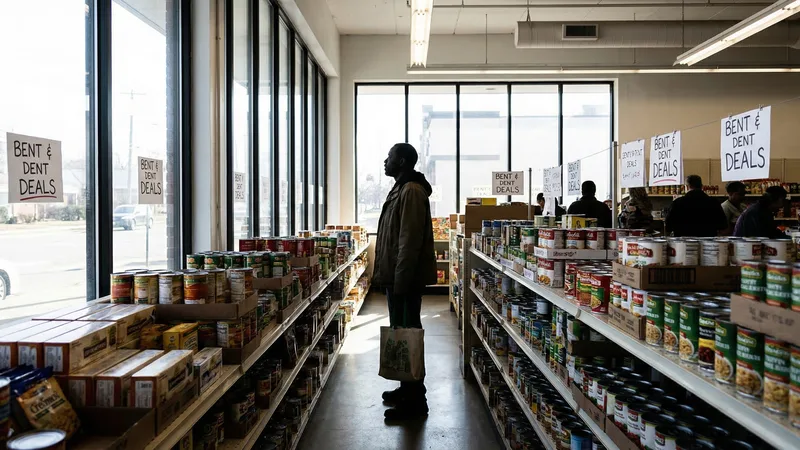 Shelves stocked with discounted pantry items at a bent-n-dent grocery store