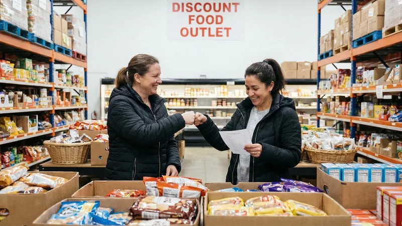 Shelves of discounted holiday baking supplies and canned goods at a salvage grocery store