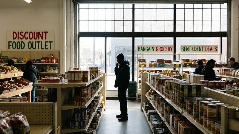 Shelves stocked with canned goods, snacks, and dry goods at a salvage grocery store with handwritten price tags