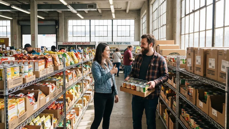 Shelves of discounted and slightly dented canned goods at a salvage grocery store