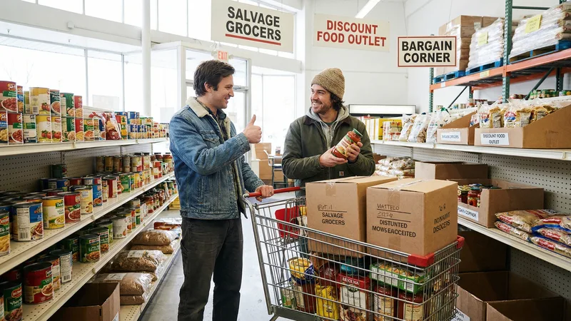 Interior of a salvage grocery store with labeled bins and shelves of discounted pantry items