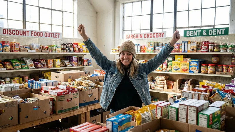 Close-up of dented cans and torn packaging on discount grocery store shelves showing cosmetic damage only