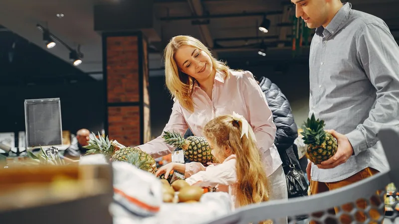 A joyful family shopping for fresh pineapples in the supermarket, showcasing togetherness and healthy living.