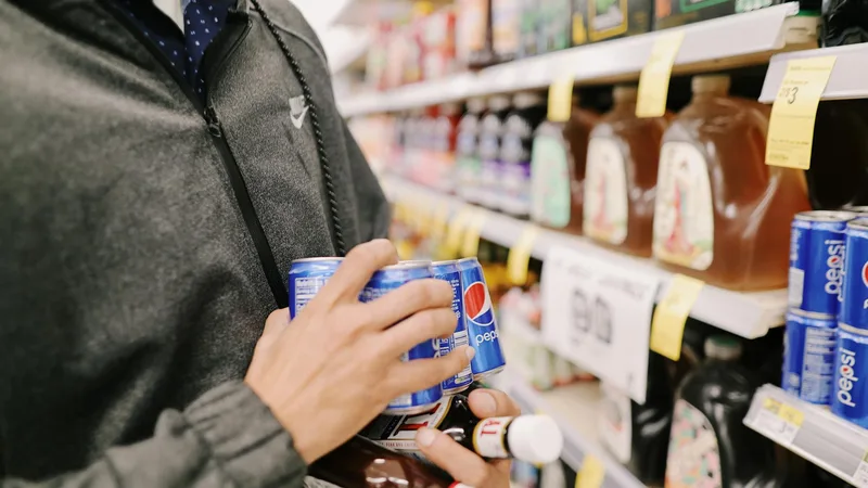 Shopper examining discounted canned goods at a bent-n-dent store