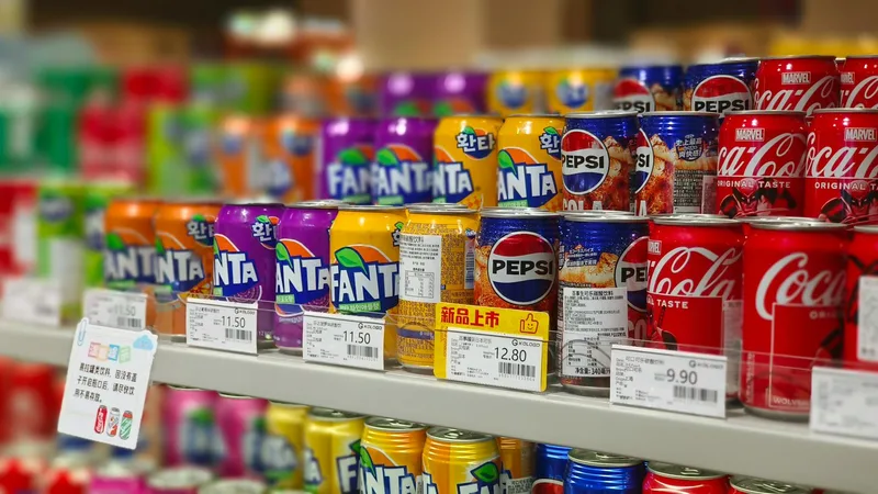 Shelves at a discount food store stocked with canned goods and name-brand snacks at reduced prices