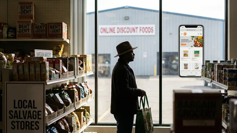 Shelves stocked with overstock and slightly damaged packaged goods at a salvage grocery store