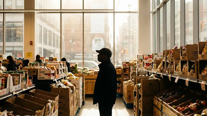Rows of discounted canned goods and packaged foods with bright orange sale tags in a salvage grocery store aisle
