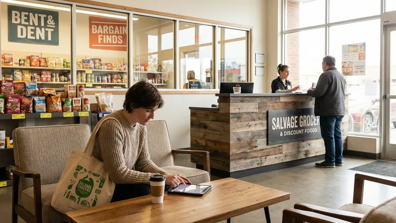 Shelves stocked with overstock and near-date food items at a discount grocery store