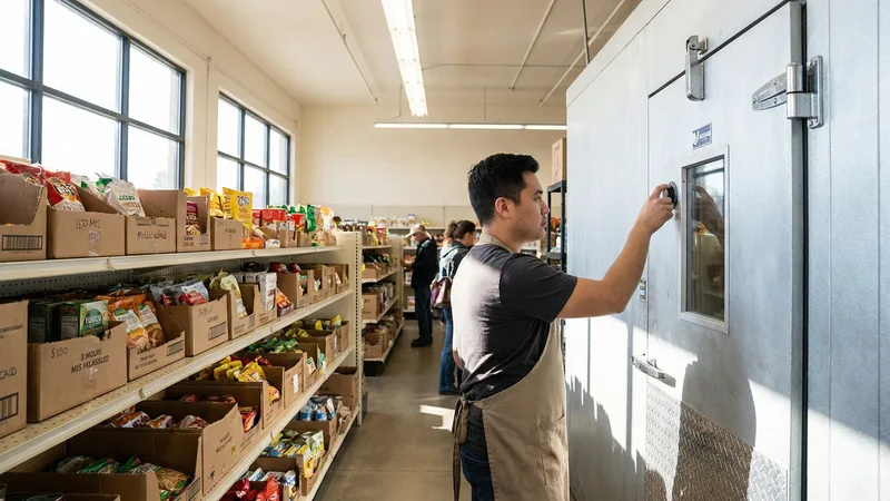 Shelves stocked with discounted pantry items at a bent-n-dent grocery store