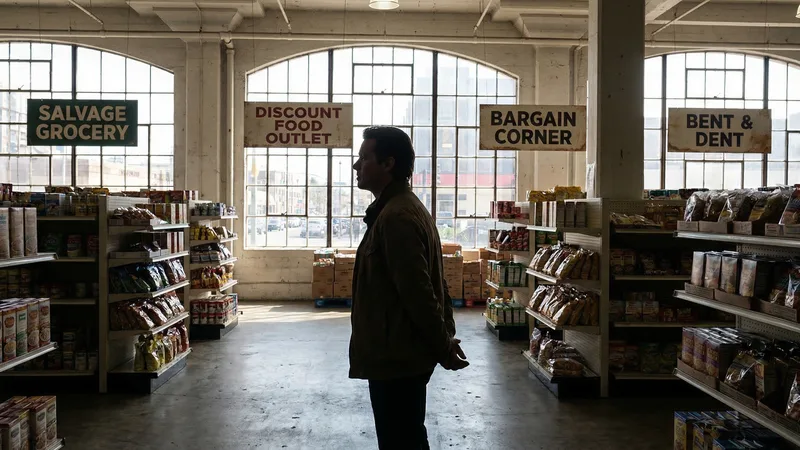 Shoppers browsing shelves at a bent-n-dent salvage grocery store with discounted canned goods