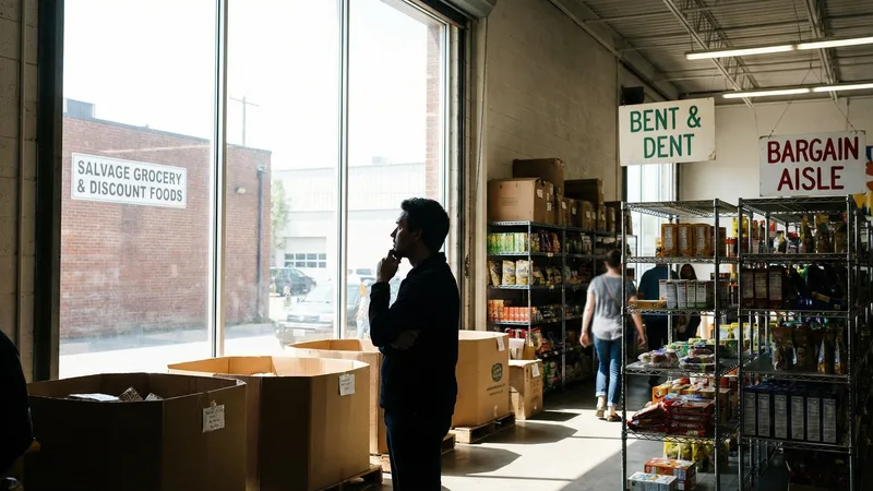 Shelves stocked with dented cans and near-expiration packaged goods at a discount food store