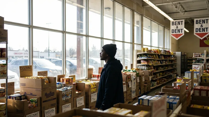 Shelves stocked with discounted canned goods and seasonal food items at a bent-n-dent grocery store