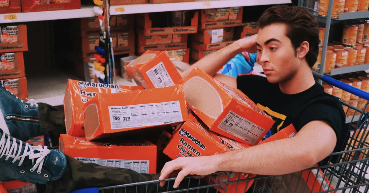 Inside a salvage grocery store with discounted products on shelves