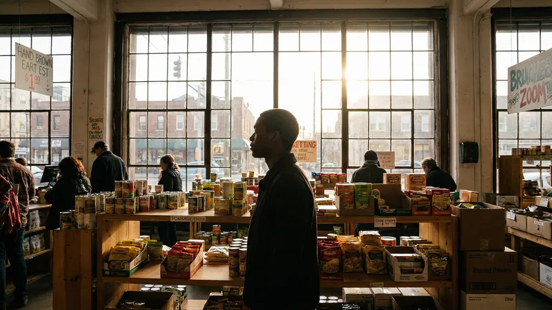 Inside a salvage grocery store with shelves of discounted name-brand food products and bent-n-dent items