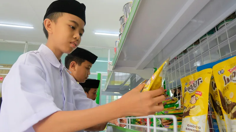 Shelves of discounted canned goods and dry groceries at a bent-n-dent discount food store