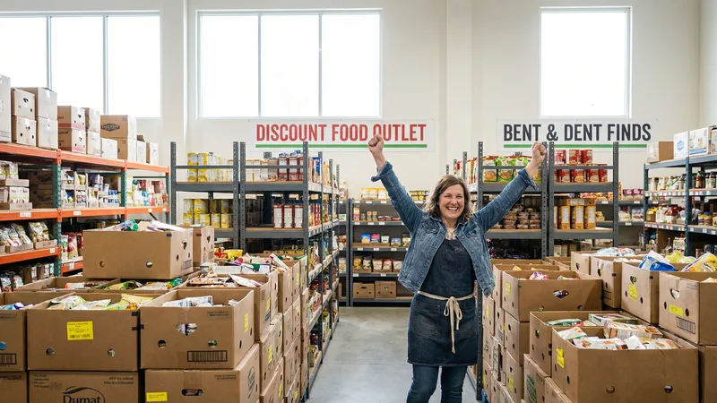 Close-up of dented cans on a discount grocery store shelf, showing intact seals