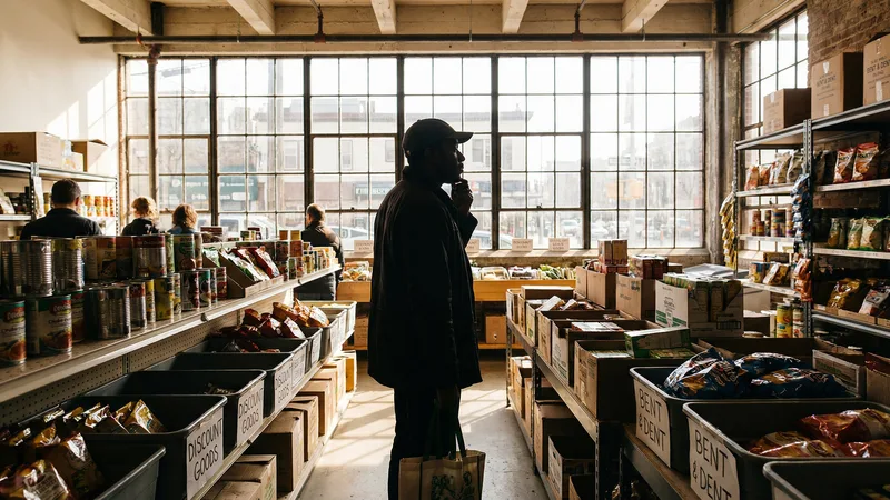 Shelves stocked with discounted canned goods and pantry items at a salvage grocery store