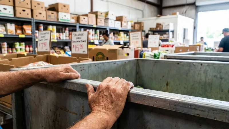 Shelves at a discount food store stocked with canned goods, snacks, and pantry items at low prices