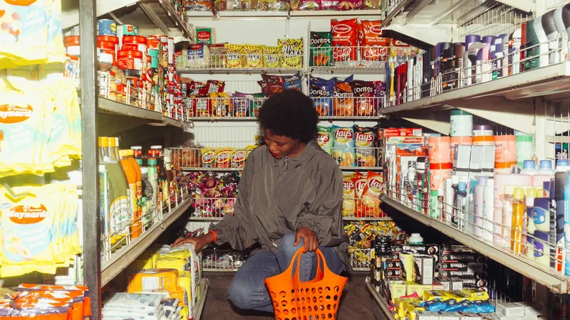 A shopper browsing a well-lit salvage grocery store aisle filled with brand-name cereal boxes, canned soups, and packaged snacks with visible discount price tags