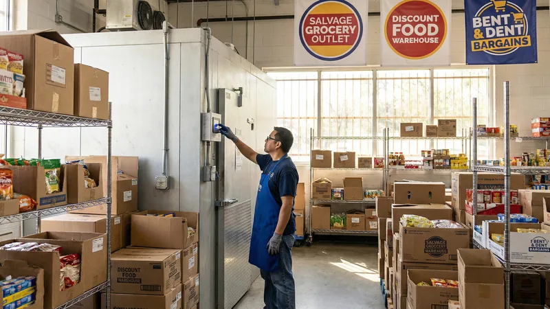 Canned goods with minor dents on shelves at a discount food store