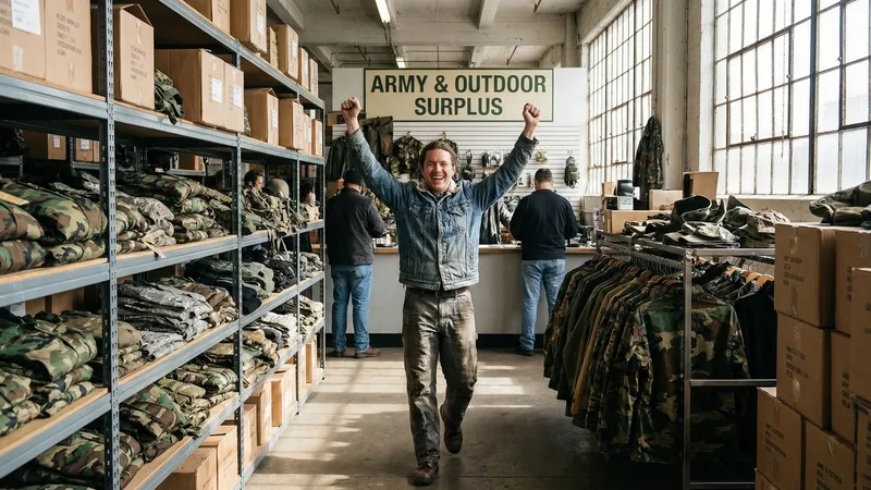 Inside a surplus store showing shelves of discounted tools, gear, and household goods