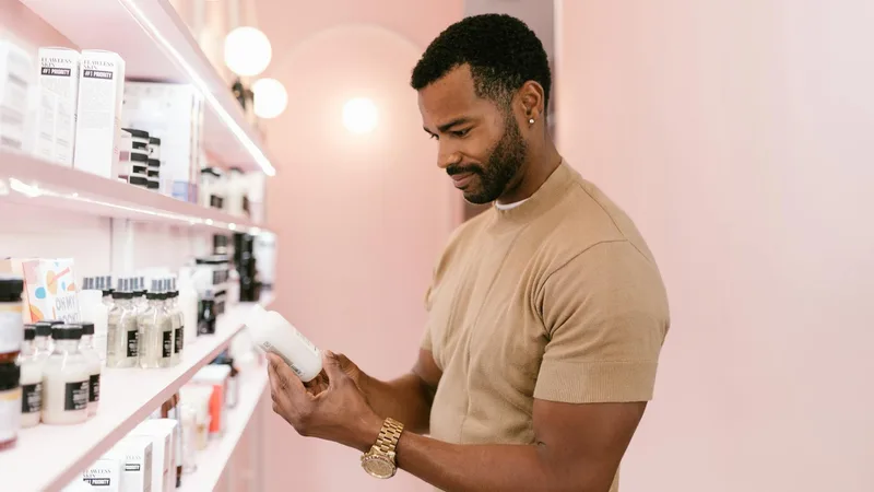 A shopper exploring products with the Surplus Store Finder in a bright store.