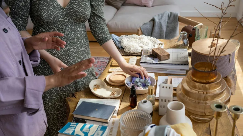 A shopper engaging with a Thrift Store Pal, inspecting decorative items